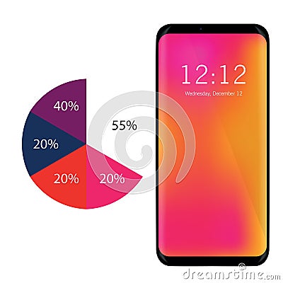 Bright new smartphone, orange and purple color, Infographics Vector Illustration